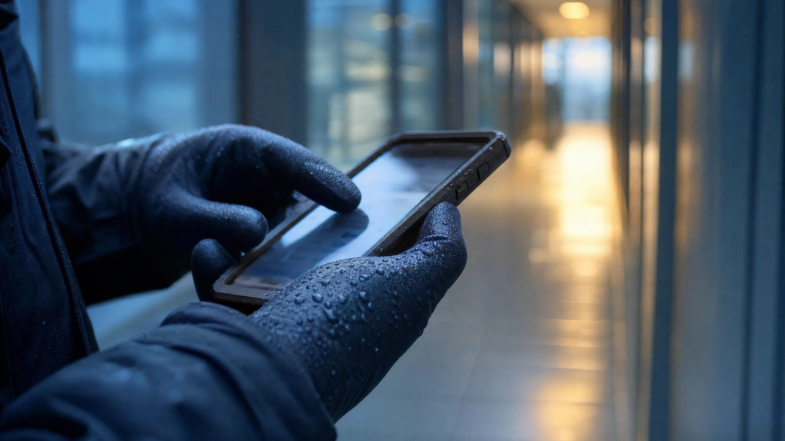 Mains gantées utilisant un smartphone dans un couloir de bureaux au petit matin