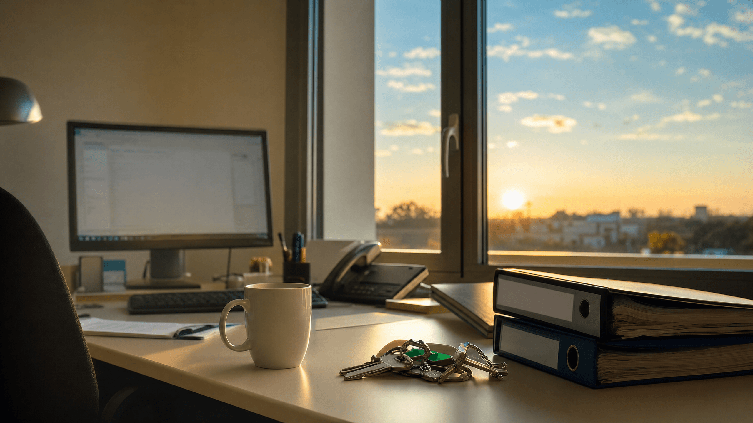 Bureau de gérant au lever du jour, tasse de café et classeurs
