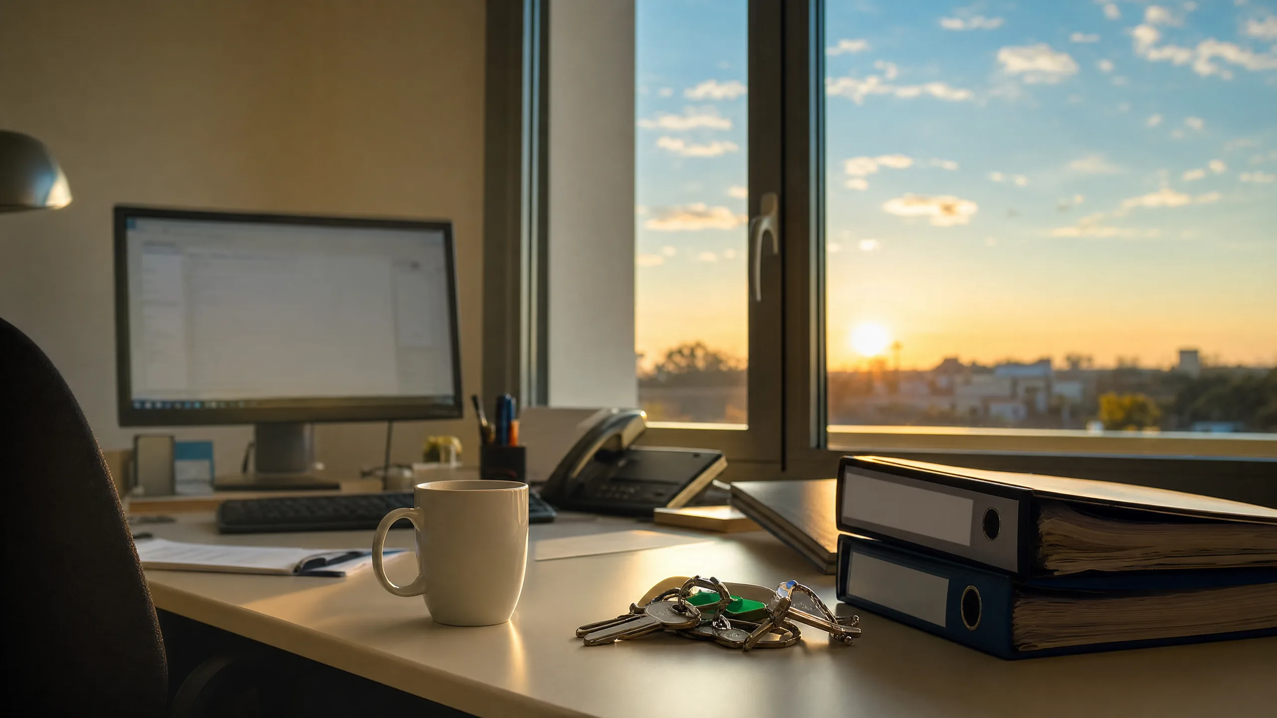 Bureau de gérant au lever du jour, tasse de café et classeurs