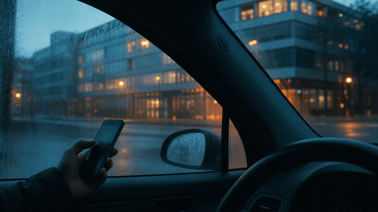 Un responsable consulte son téléphone depuis sa voiture, devant un immeuble de bureaux éclairé, avant l'ouverture du site