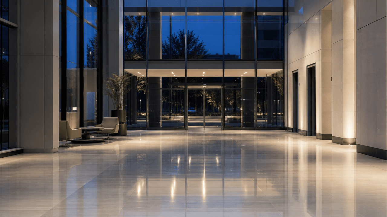 Hall d'accueil d'un immeuble de bureaux au sol lustré, en début de soirée